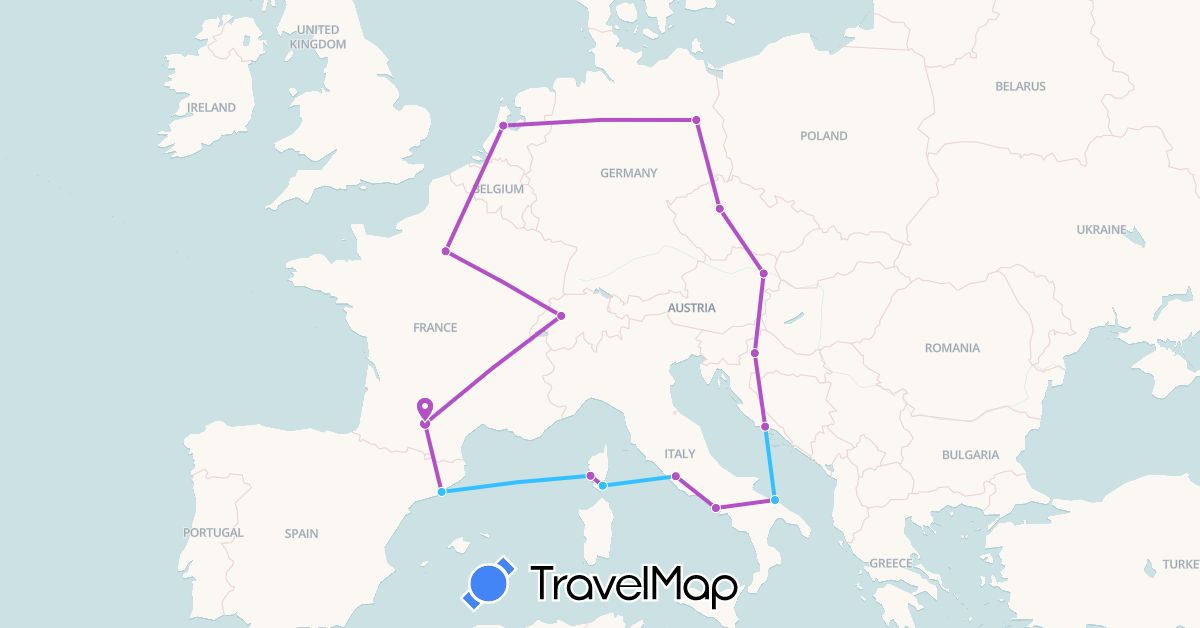 TravelMap itinerary: driving, train, boat in Austria, Switzerland, Czech Republic, Germany, Spain, France, Croatia, Italy, Netherlands (Europe)